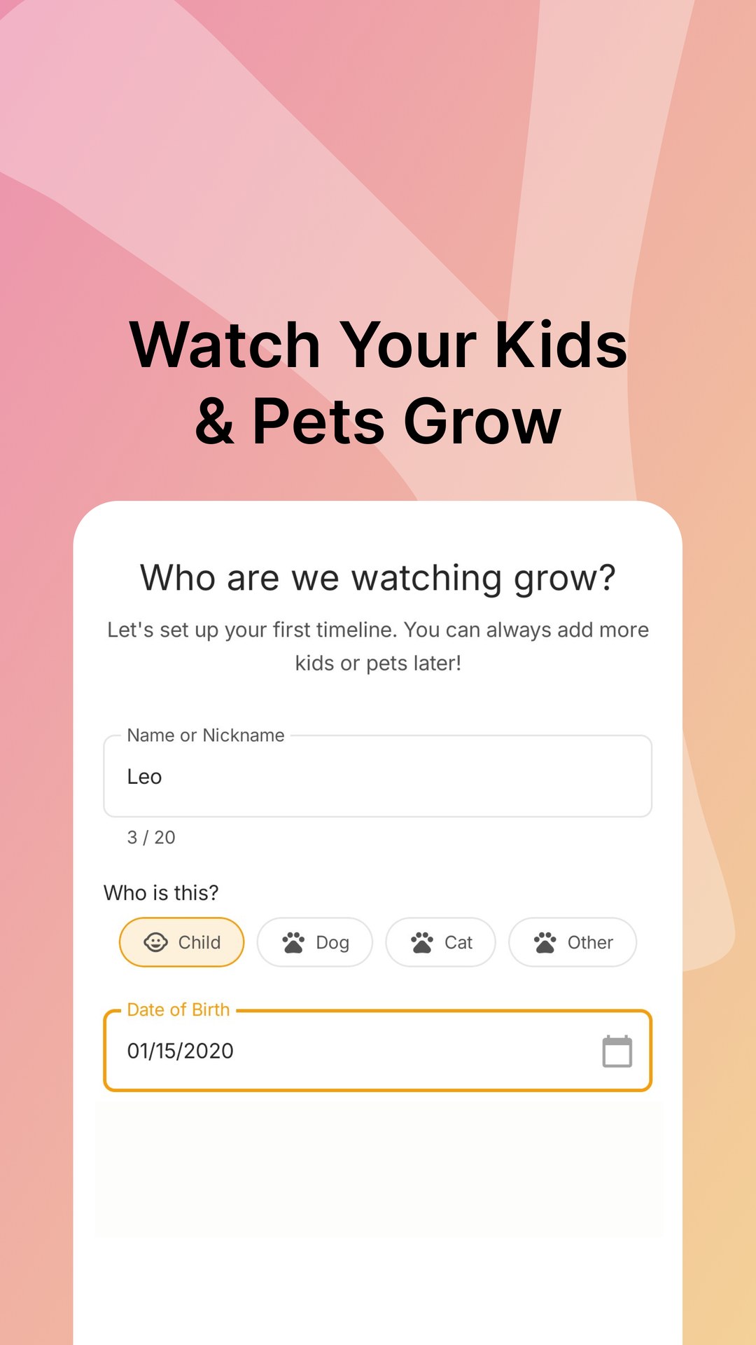 Quick profile setup with name and date of birth.