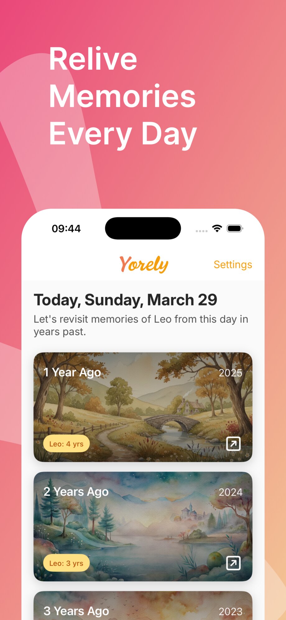 Yorely dashboard showing daily time portals for memories.