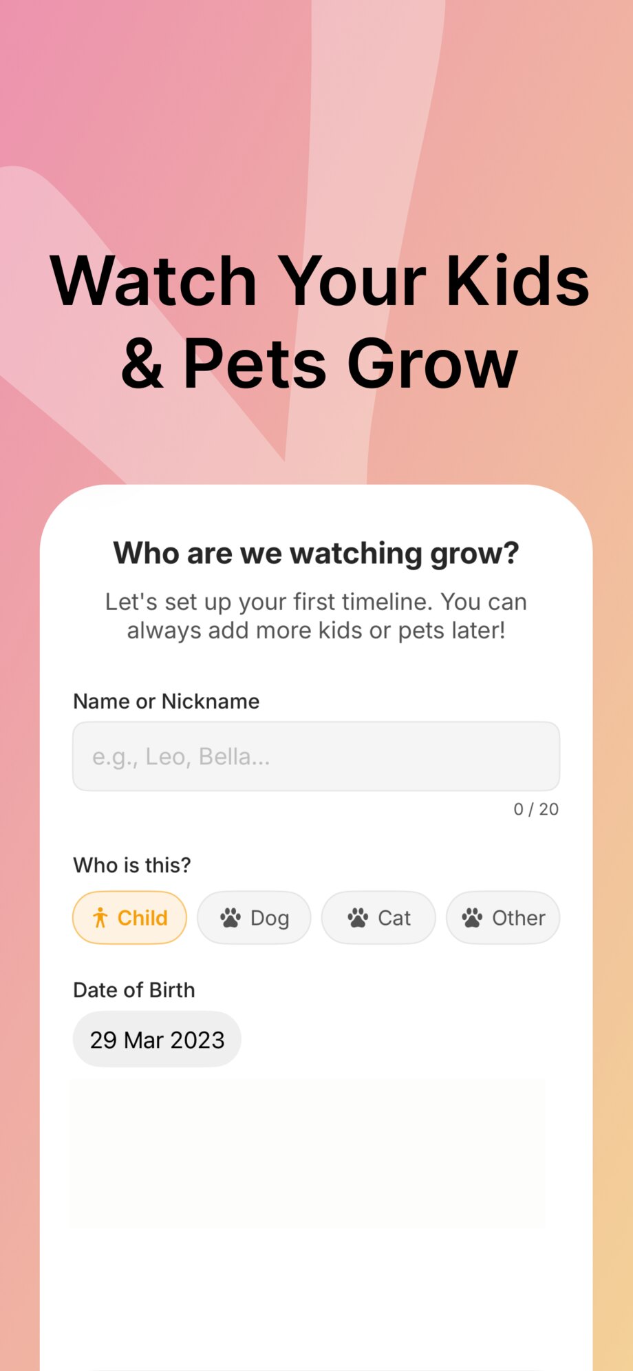 Quick profile setup with name and date of birth.